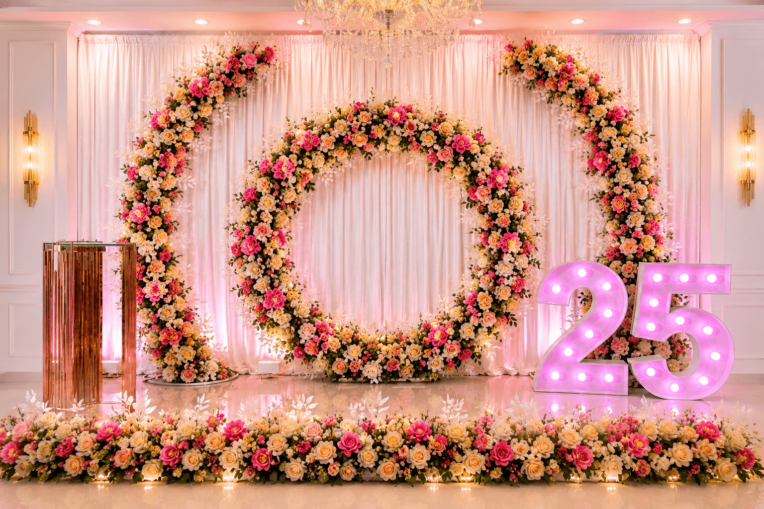25th anniversary backdrop with a pink and gold floral ring arch and a lit milestone number, styled by Momentz Events