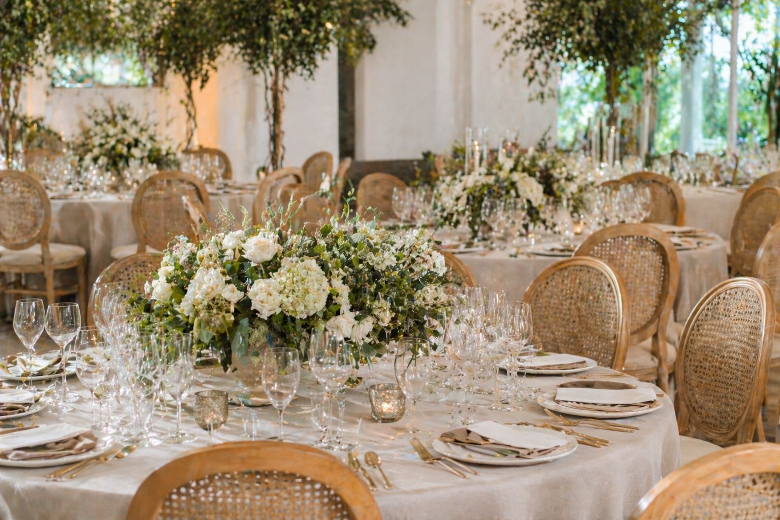 Best Event Decor Hire in Brisbane: Luxury event table setting with white floral centerpiece, crystal glassware, and soft pastel decor in an elegant ballroom