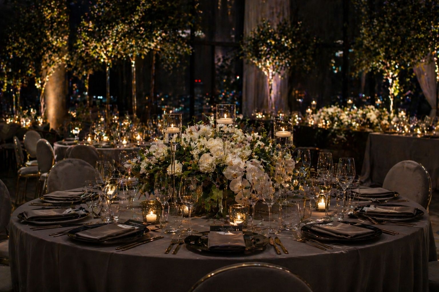 Best Event Decor Hire in Brisbane: Luxury evening event setup with candlelit tables, floral centerpieces, and ambient lighting in a sophisticated night venue