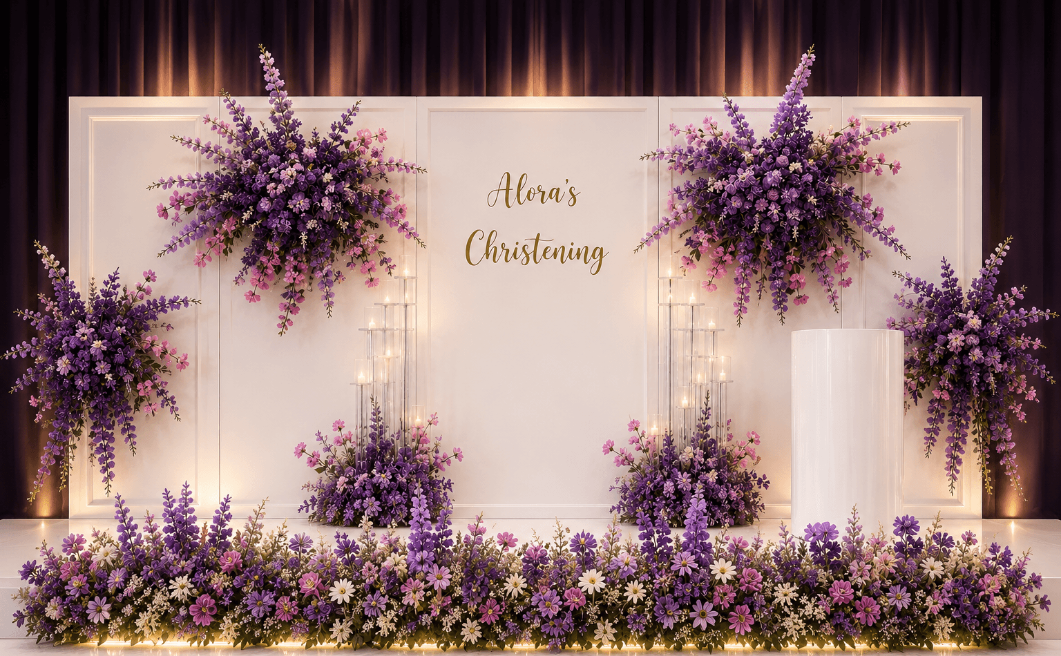 Christening backdrop with lavender floral clusters and candle stands, styled by Momentz Events