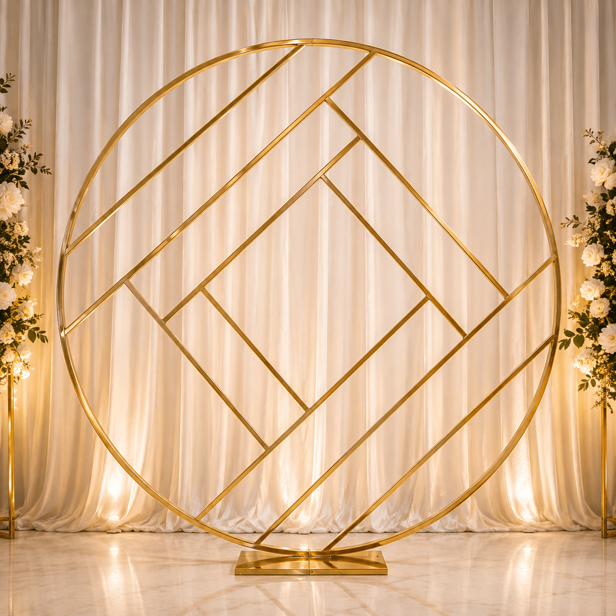 GOLDEN STAINLESS STEEL CIRCLE BACKDROP - BACKDROPS Hire Brisbane