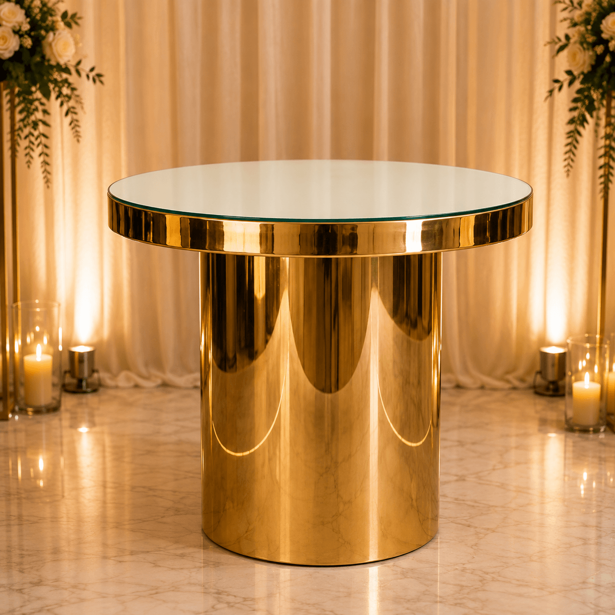 Golden Round Cake Table - PLINTHS Hire Brisbane