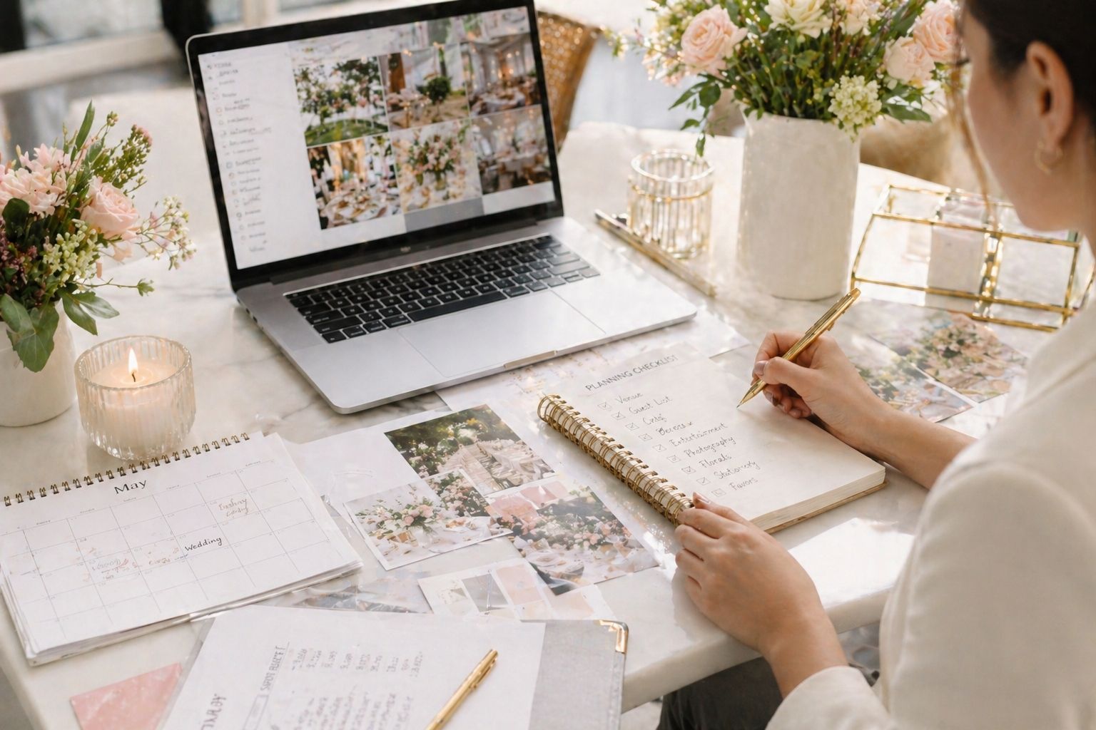 Party Planning in Brisbane - Luxury event planning scene with floral styling, schedule checklist, and modern workspace setup.
